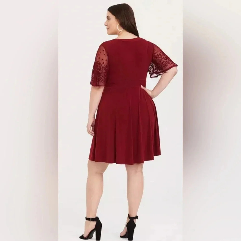 Torrid | Red Lace Sleeve Studio Knit Skater Dress | 2X - Picture 2 of 11